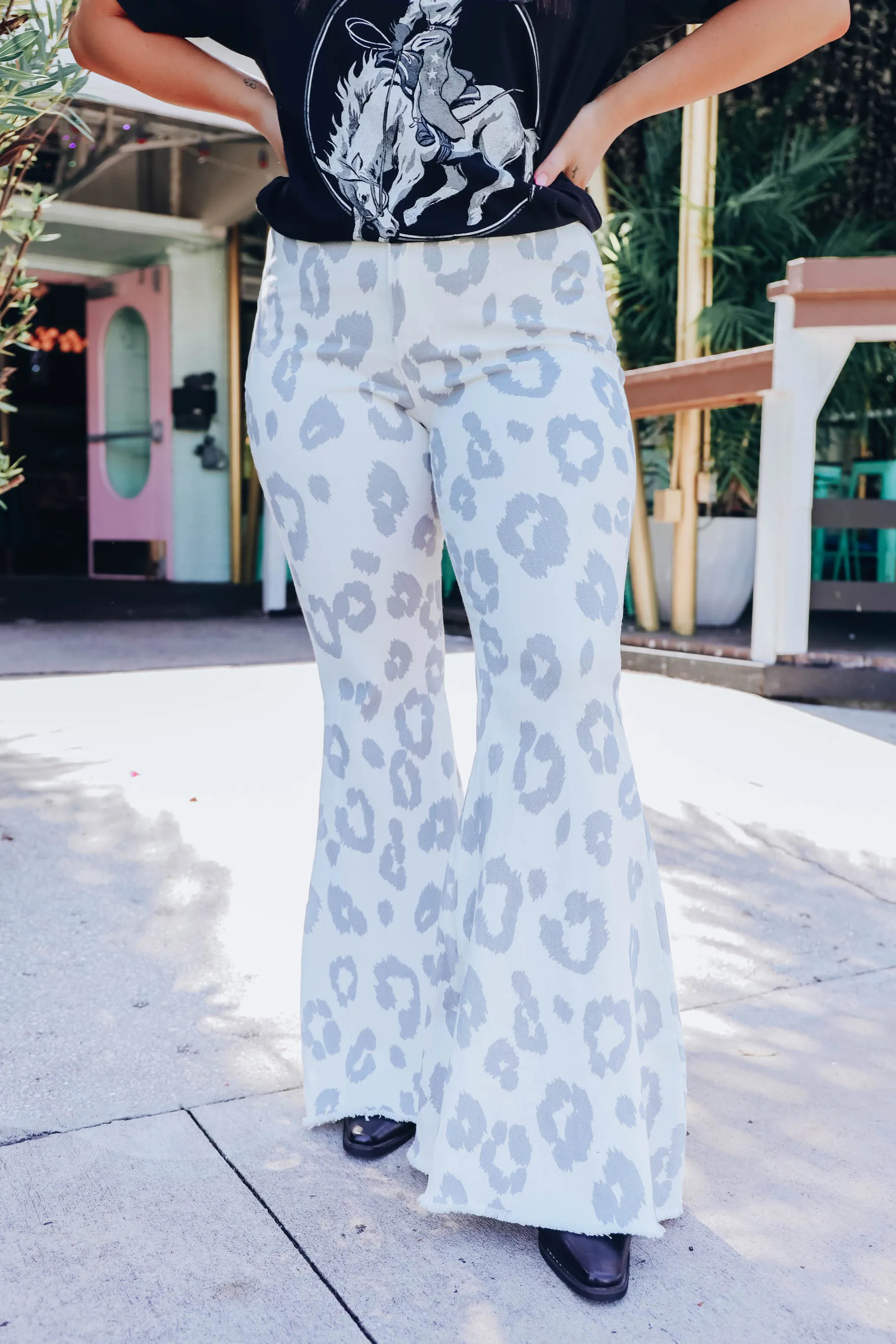 Animal Print Flare Pants - Grey