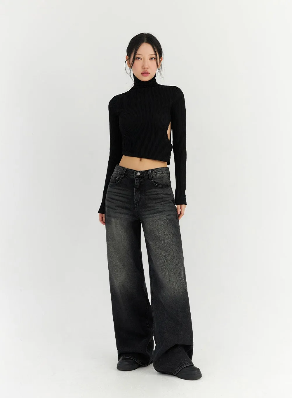 Back Slit Washed Wide Leg Jeans CN306