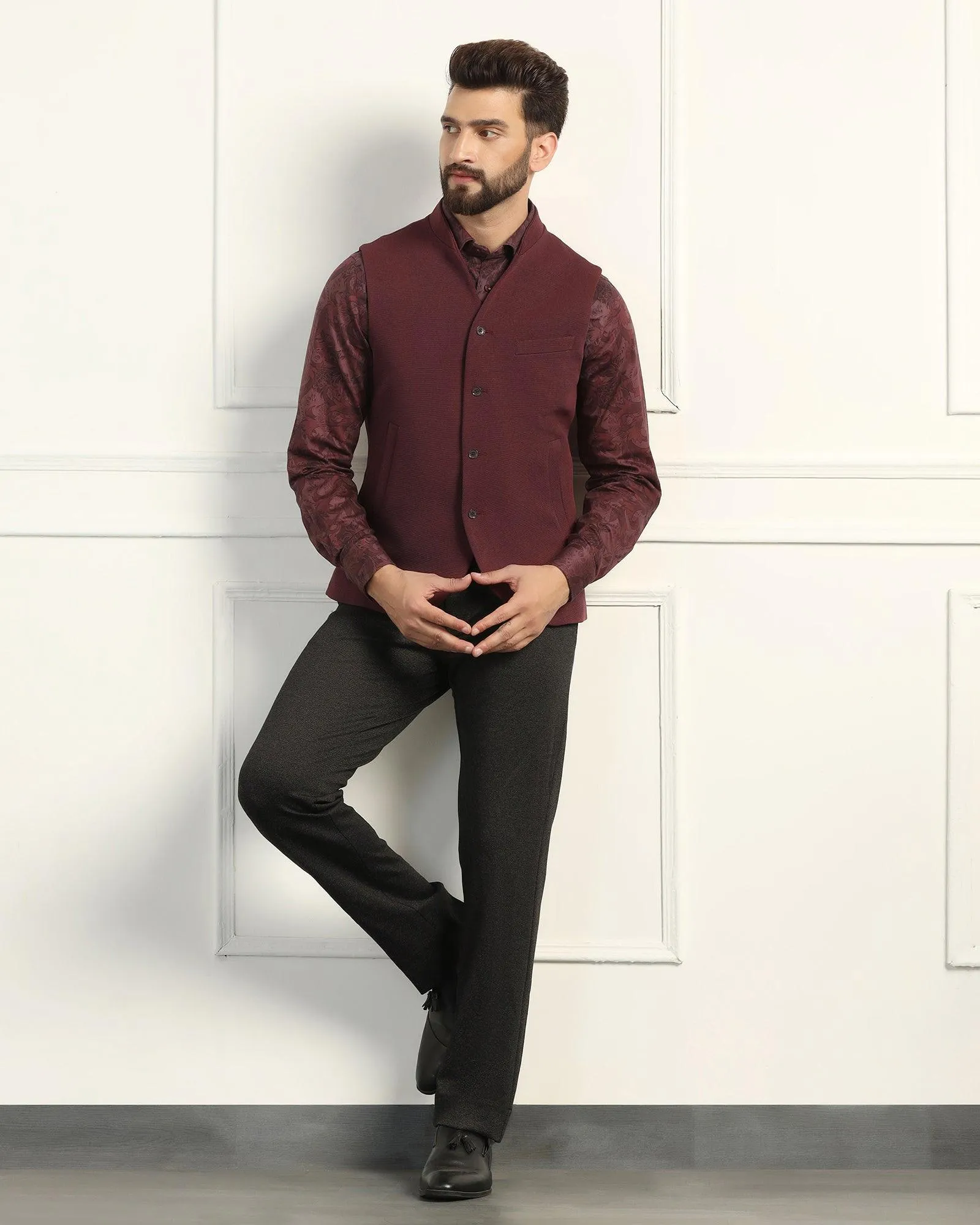 Bandhgala Formal Maroon Textured Waistcoat - Sail