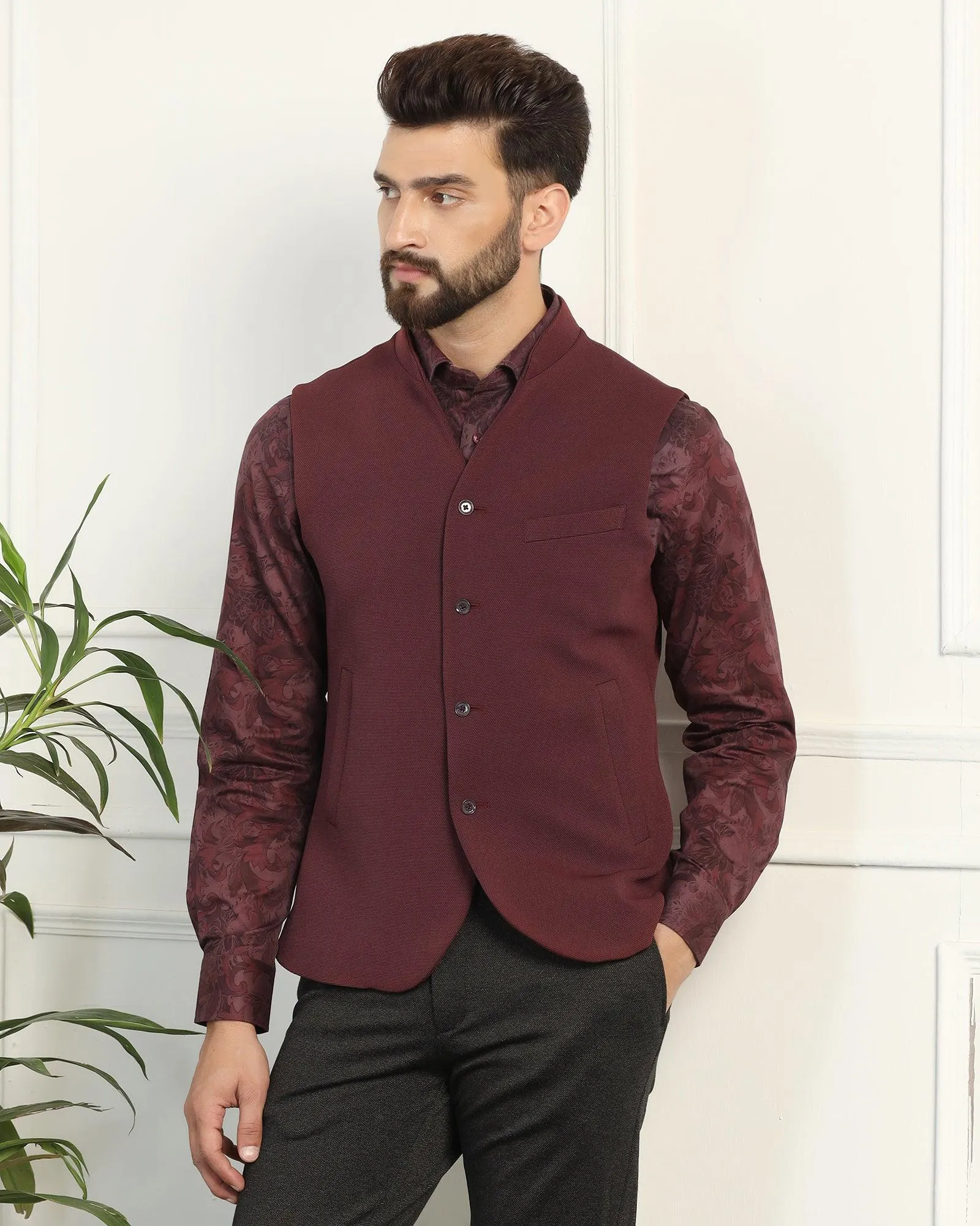 Bandhgala Formal Maroon Textured Waistcoat - Sail