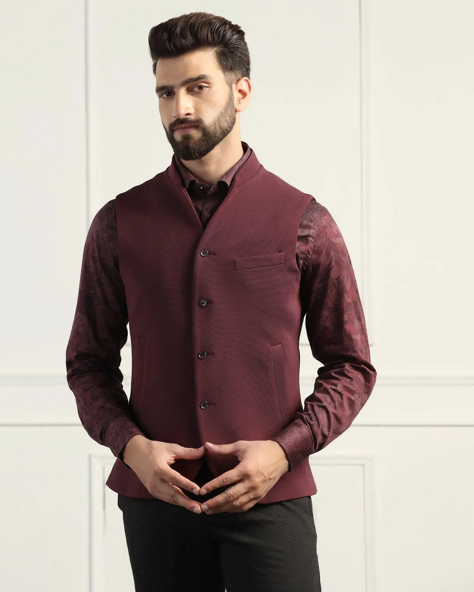 Bandhgala Formal Maroon Textured Waistcoat - Sail