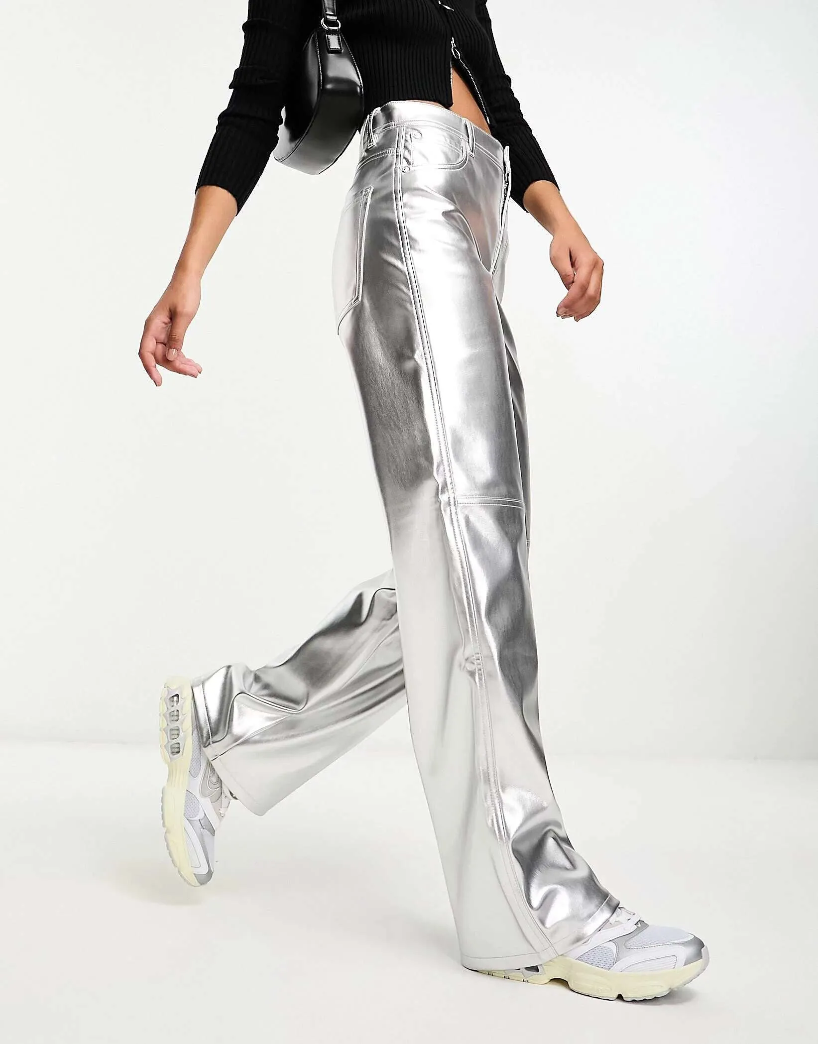 Bershka faux leather straight trousers in silver