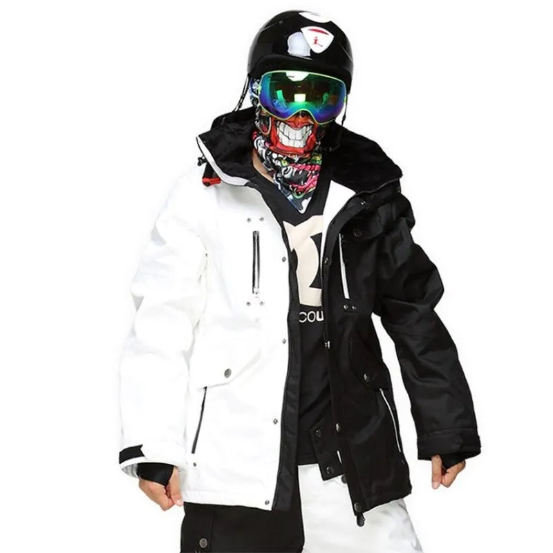 Black And White Hooded Jacket With Pants Snowboarding Sets