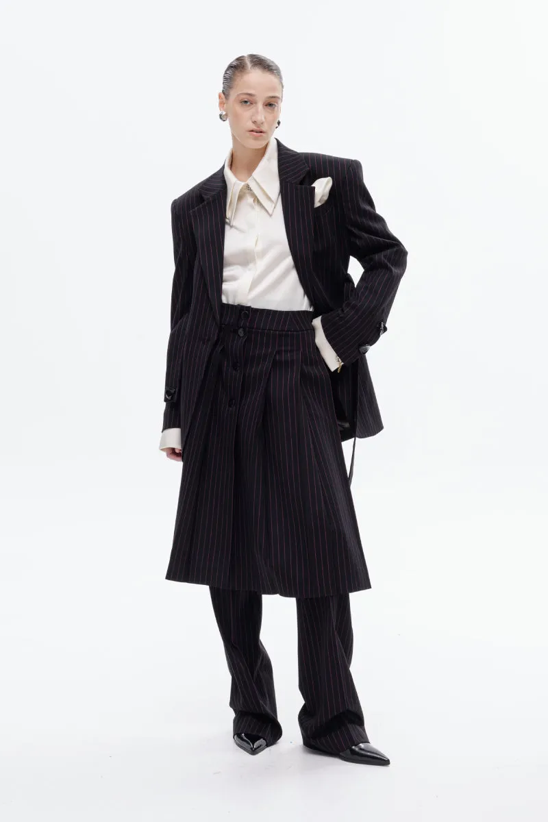 BLACK BELTED PINSTRIPE BLAZER