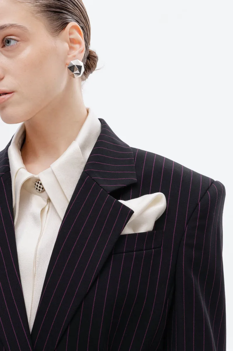 BLACK BELTED PINSTRIPE BLAZER