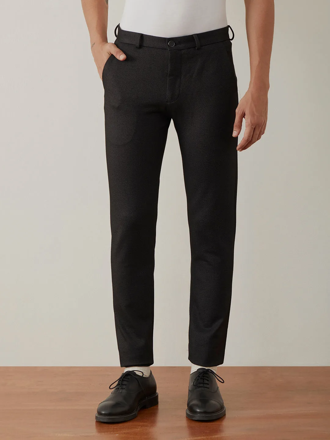 Black Plain Bi-Stretch Trousers