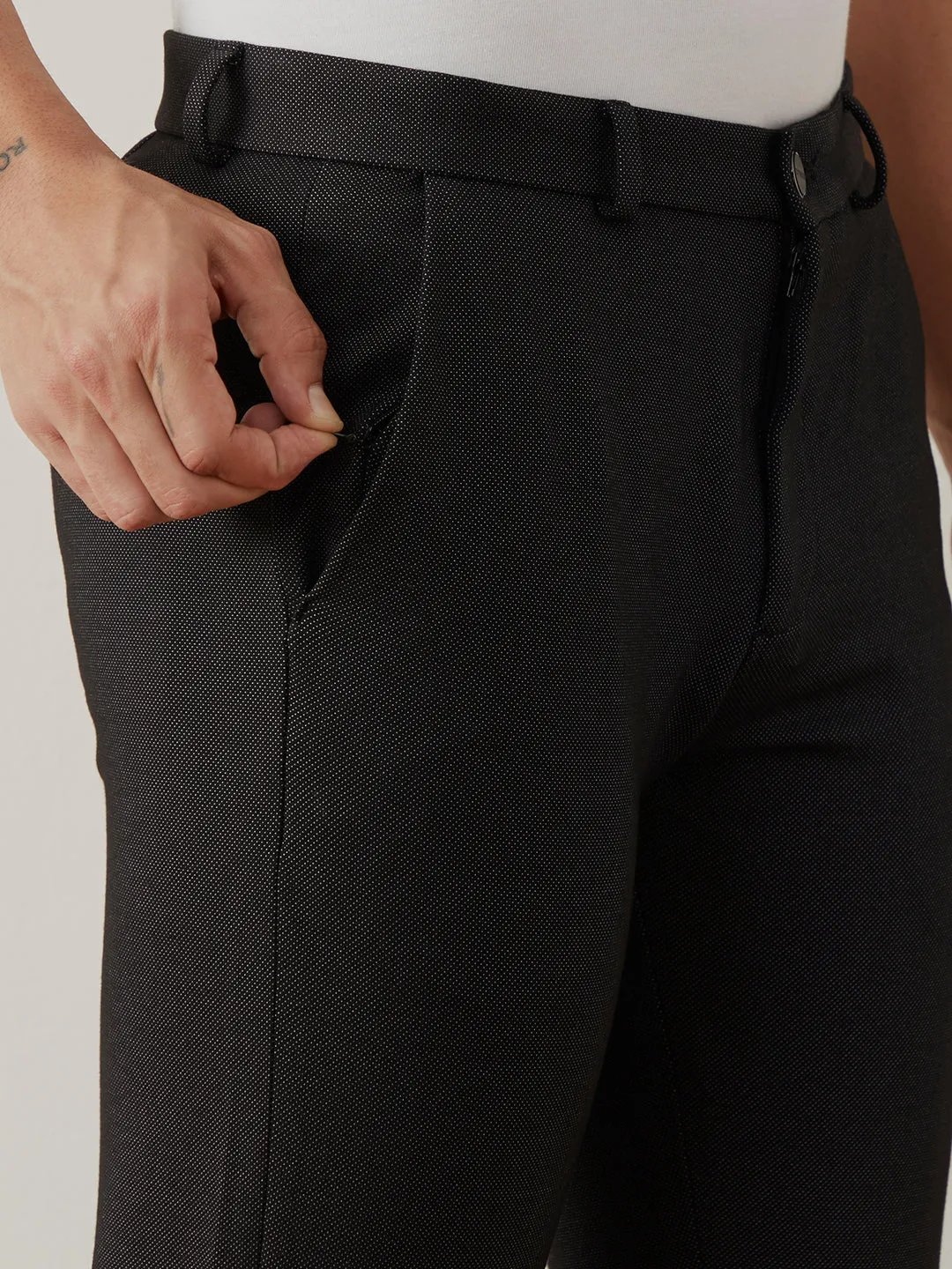 Black Plain Bi-Stretch Trousers