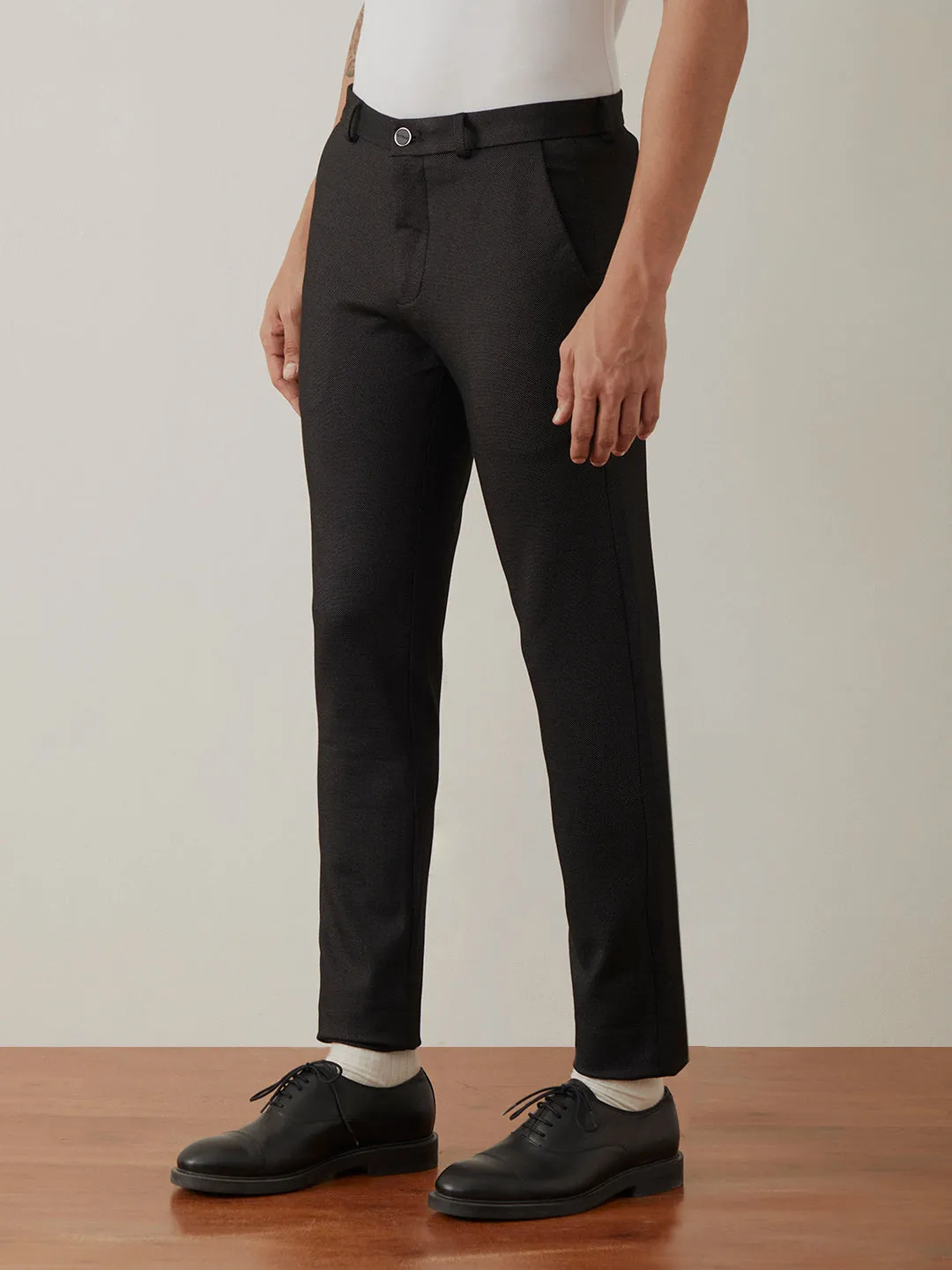 Black Plain Bi-Stretch Trousers