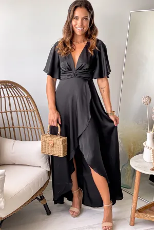 Black Satin Twist Front High Low Dress