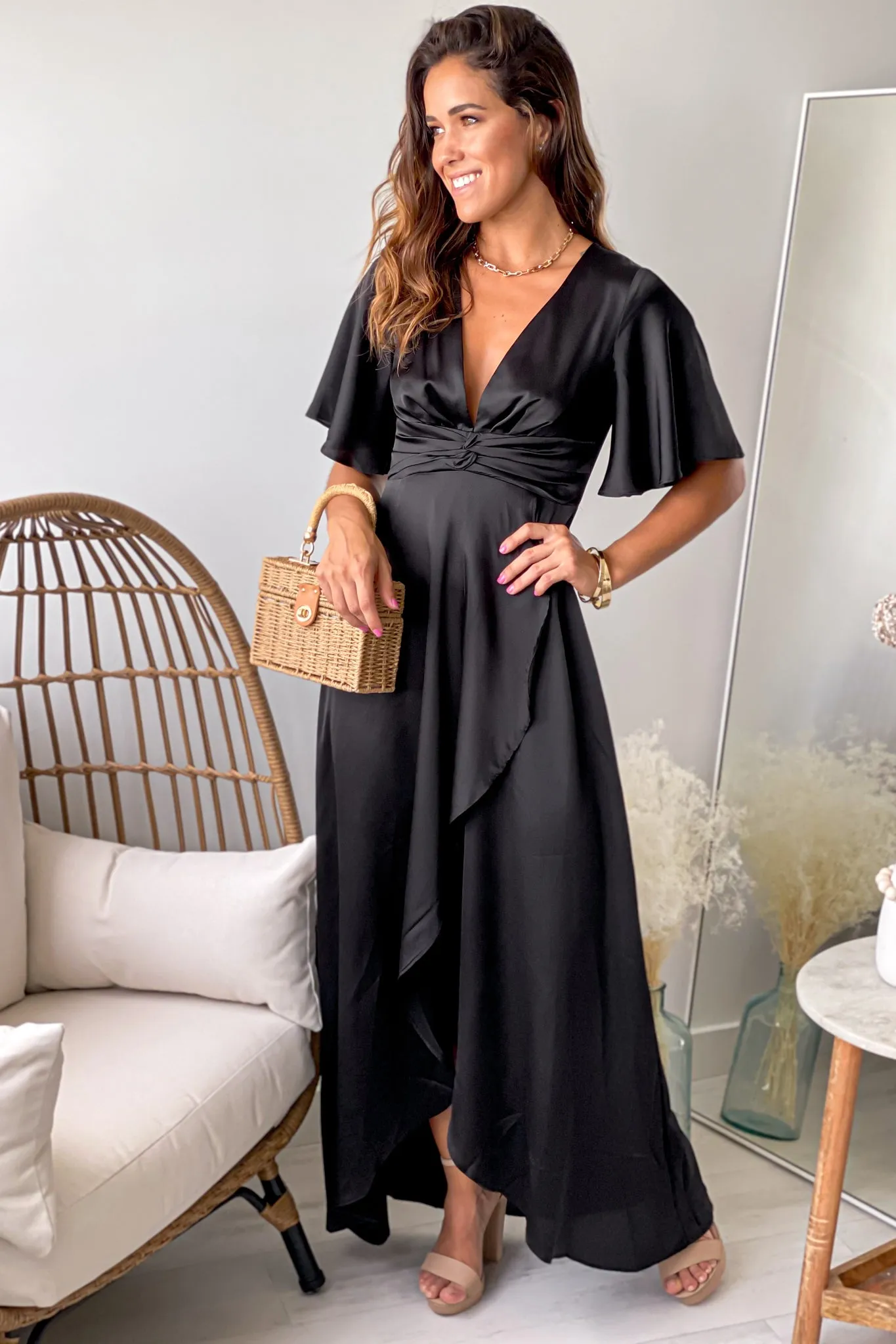 Black Satin Twist Front High Low Dress