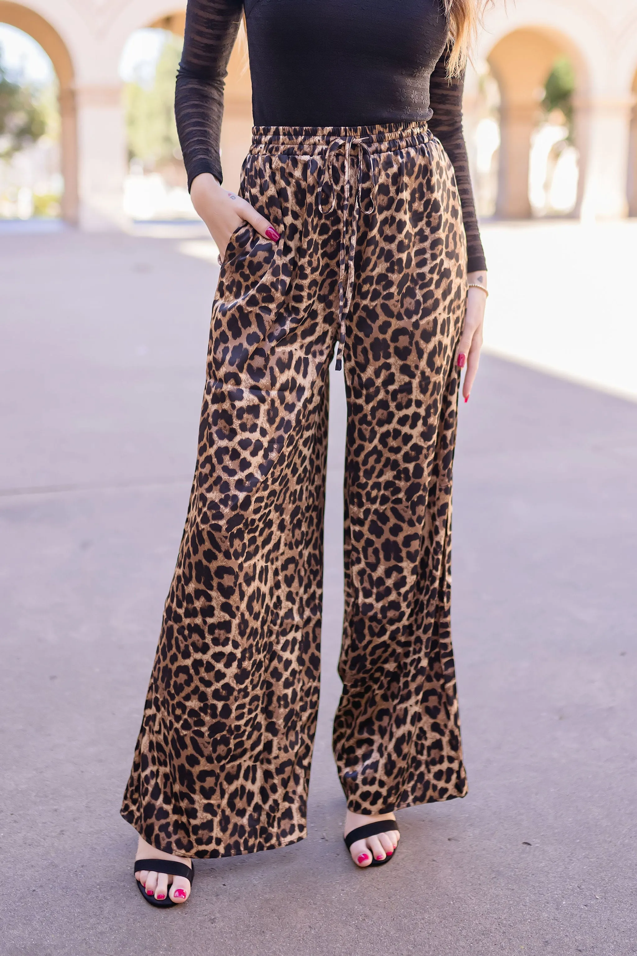 Bradley Leopard Print Wide Leg Drawstring Satin Pants Brown