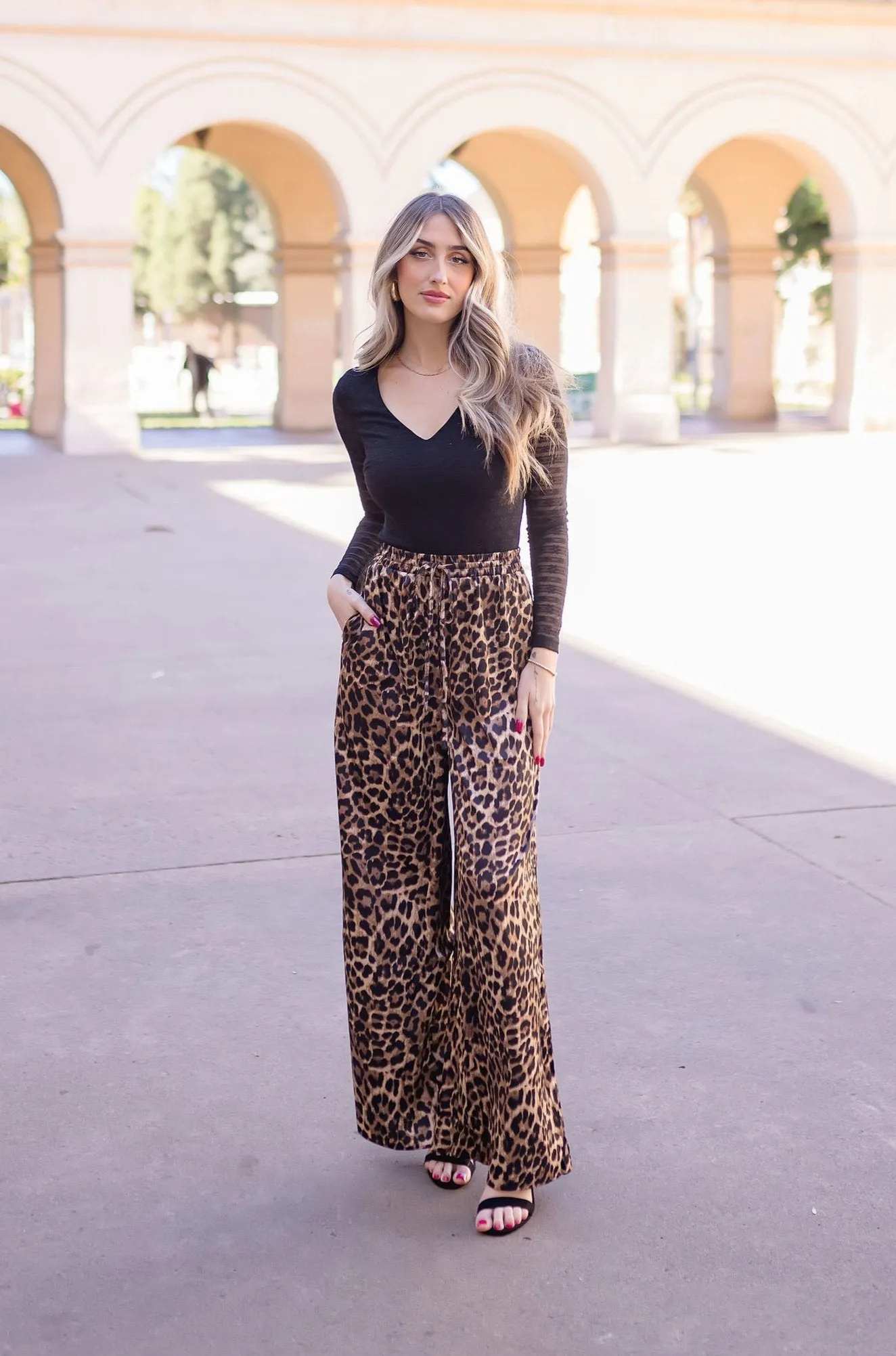 Bradley Leopard Print Wide Leg Drawstring Satin Pants Brown