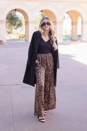 Bradley Leopard Print Wide Leg Drawstring Satin Pants Brown