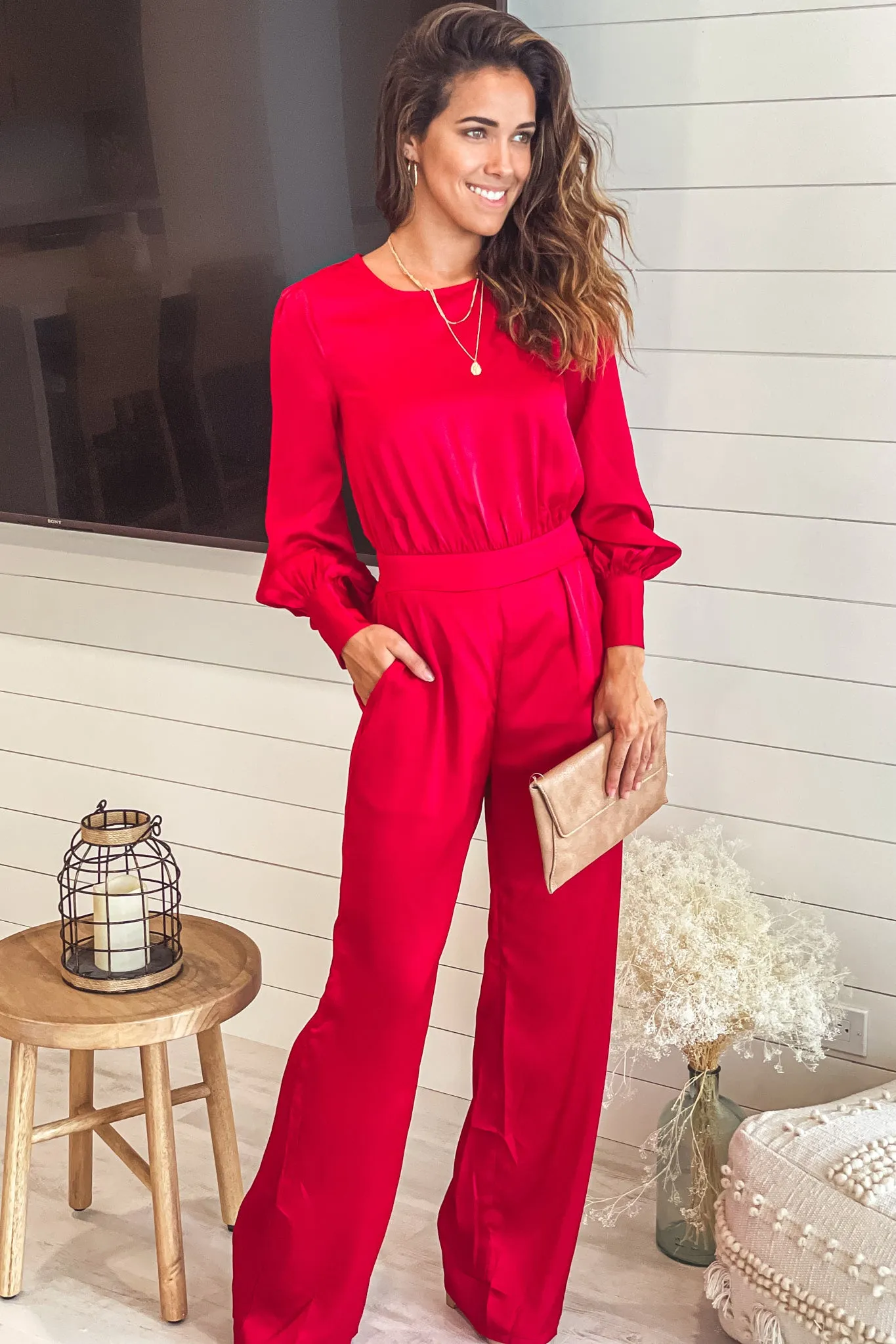 Burgundy Satin Jumpsuit With Puff Sleeves