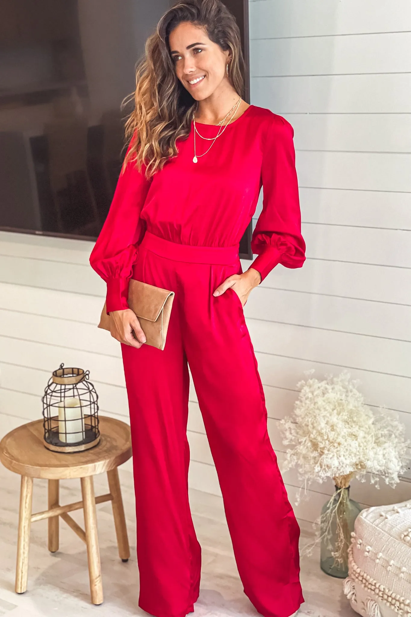 Burgundy Satin Jumpsuit With Puff Sleeves