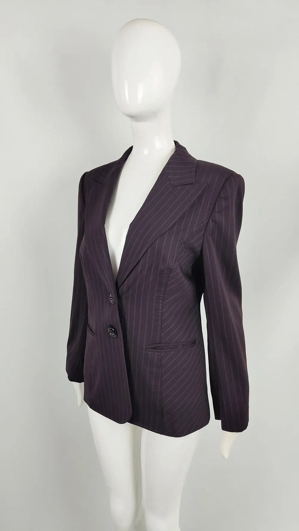 Escada Vintage Brown & Purple Virgin Wool Pinstripe Womens Blazer