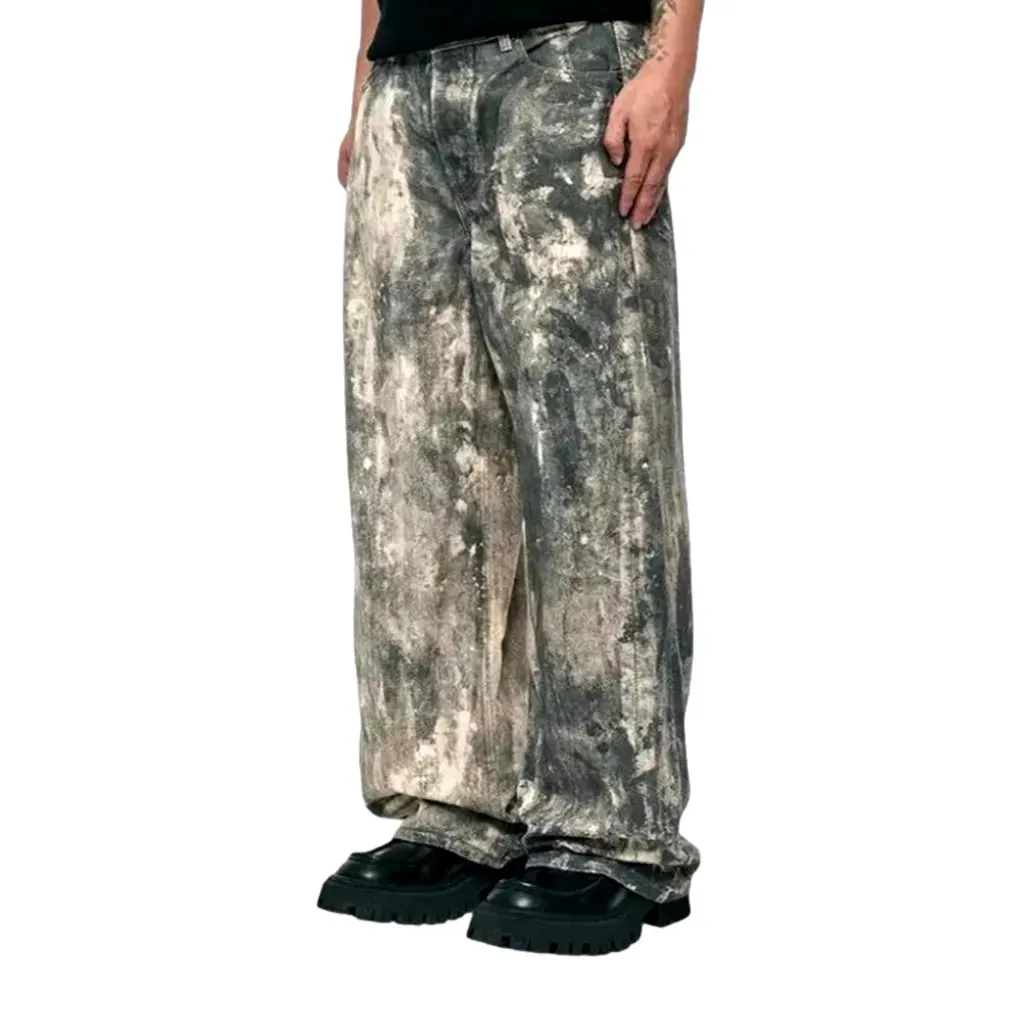 Fashionable painted boho baggy-leg men's jeans