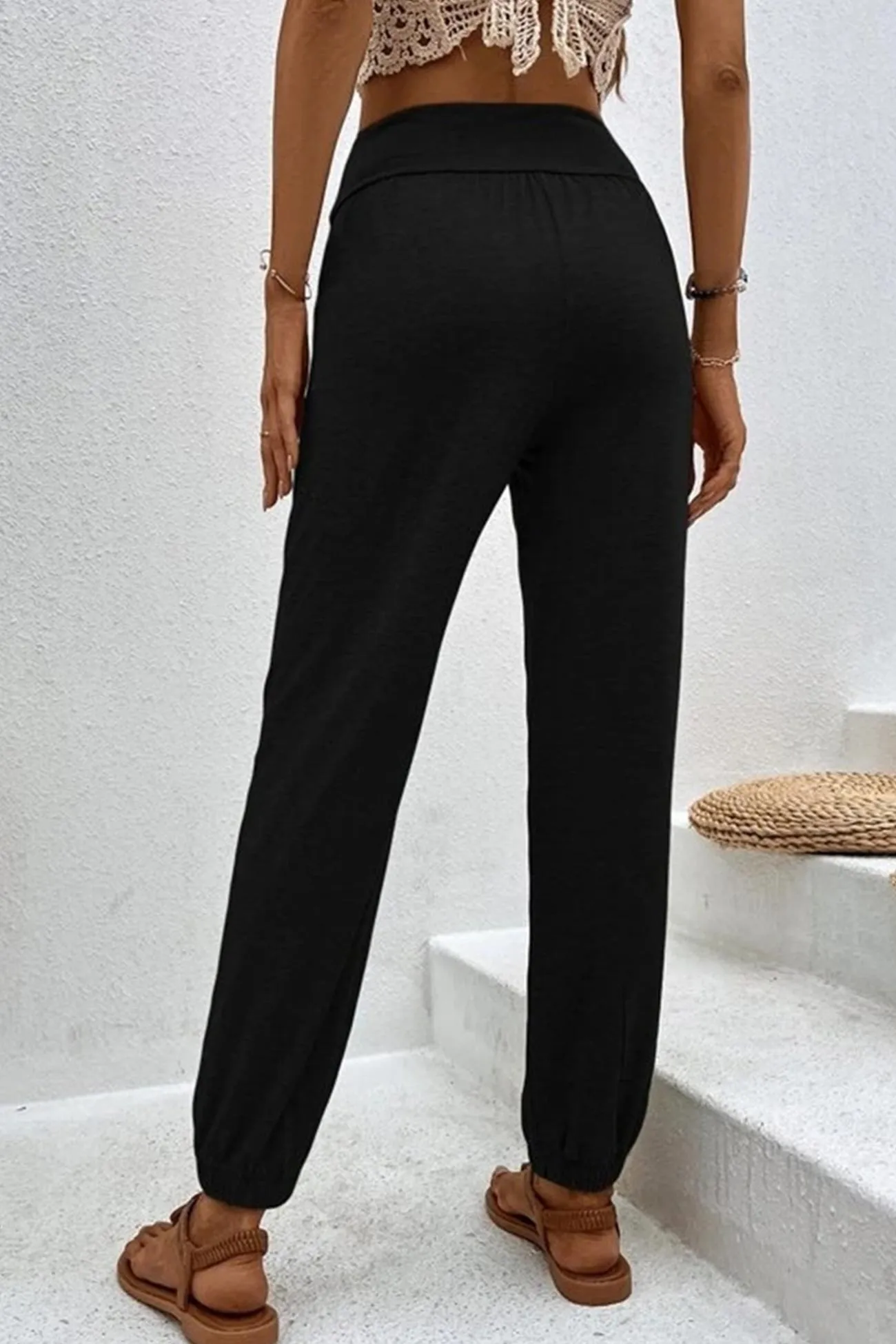 Gathered High waist Solid Long Pants