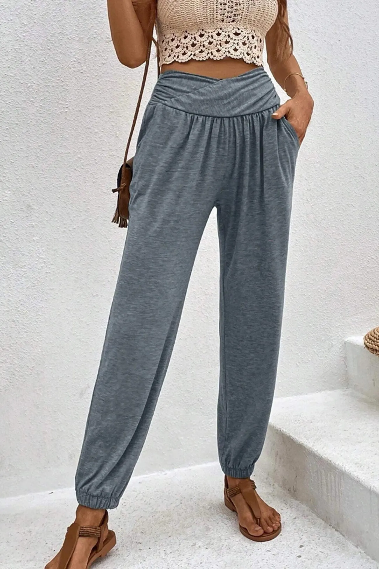 Gathered High waist Solid Long Pants