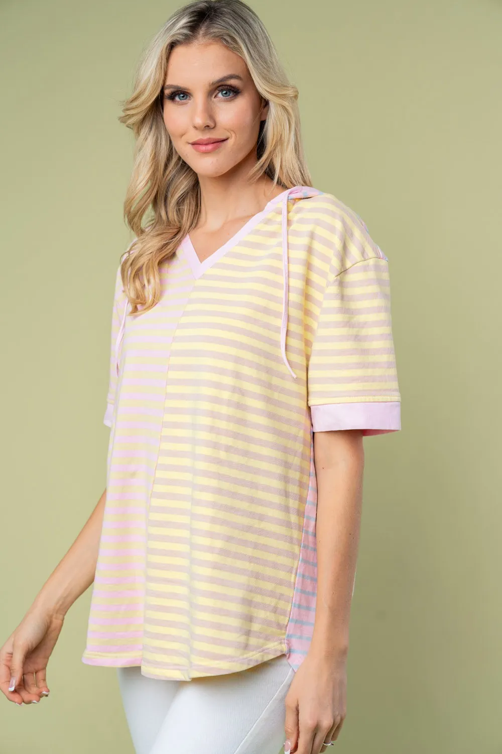 Hot Girl Alyce Striped Short Sleeve Drawstring Hooded Short Sleeve Top