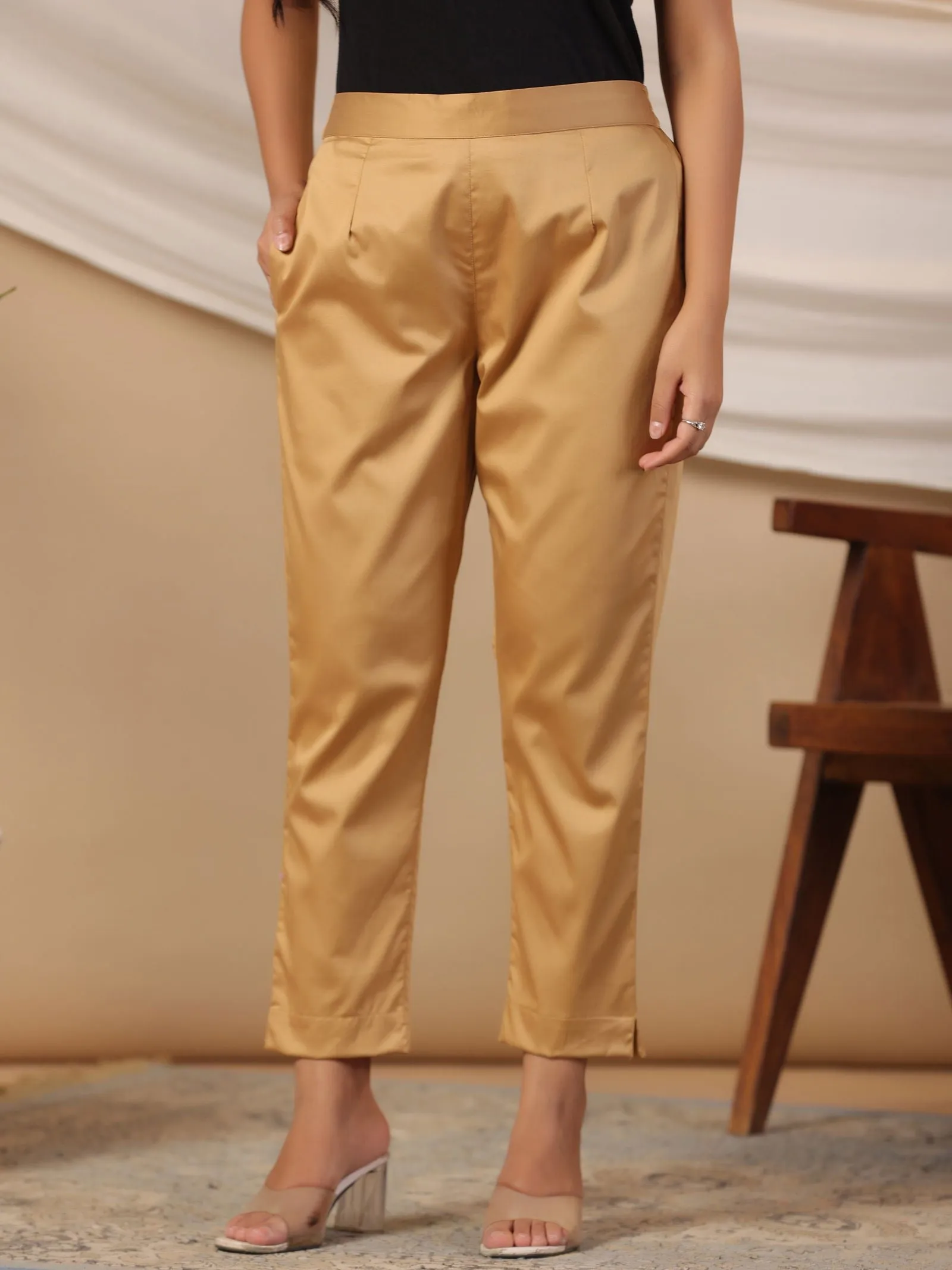 Jashvi Gold Solid Lycra Women Drawstring Pants With Single Side Pocket