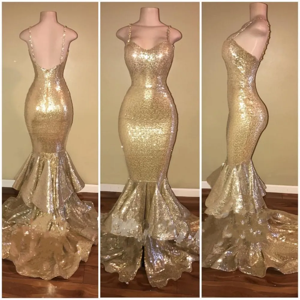 kamahe Shiny Sequins Mermaid Spaghettis-Straps Layers-Train Gold Prom Dresses