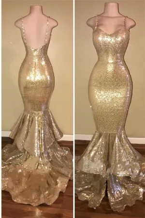 kamahe Shiny Sequins Mermaid Spaghettis-Straps Layers-Train Gold Prom Dresses