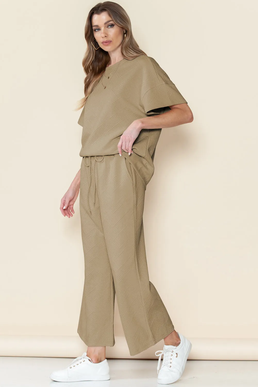 Khaki Textured Loose Fit T Shirt and Drawstring Pants Set