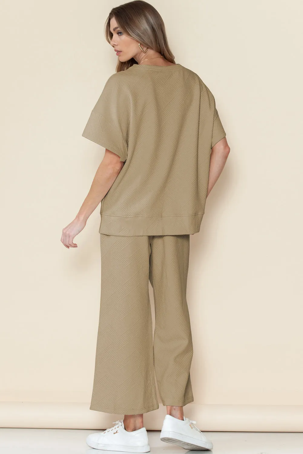 Khaki Textured Loose Fit T Shirt and Drawstring Pants Set