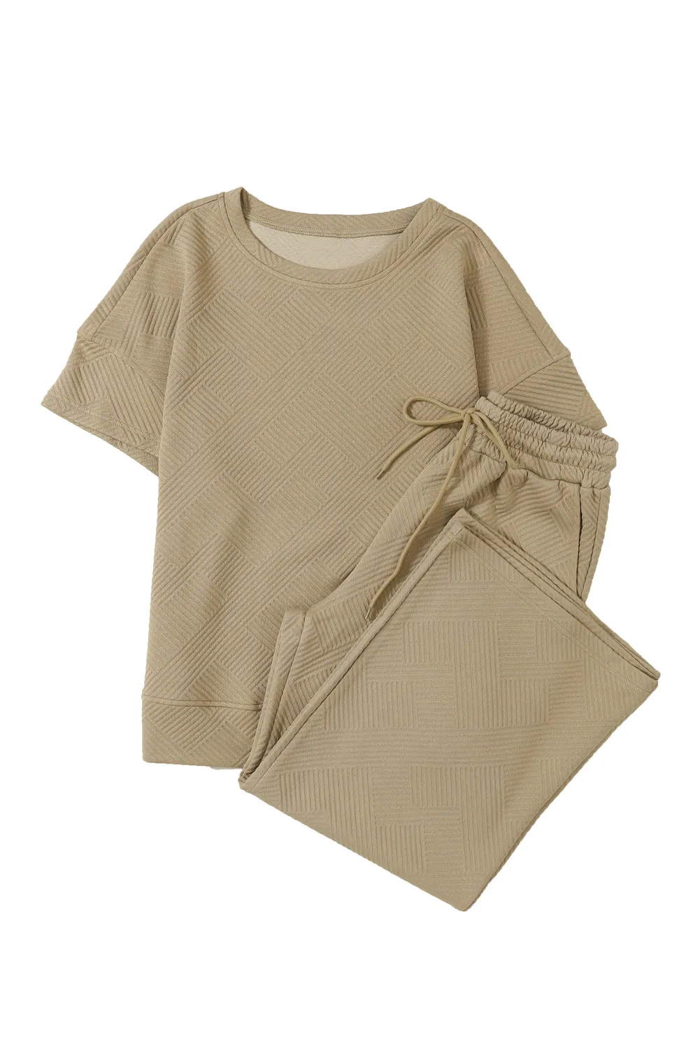 Khaki Textured Loose Fit T Shirt and Drawstring Pants Set