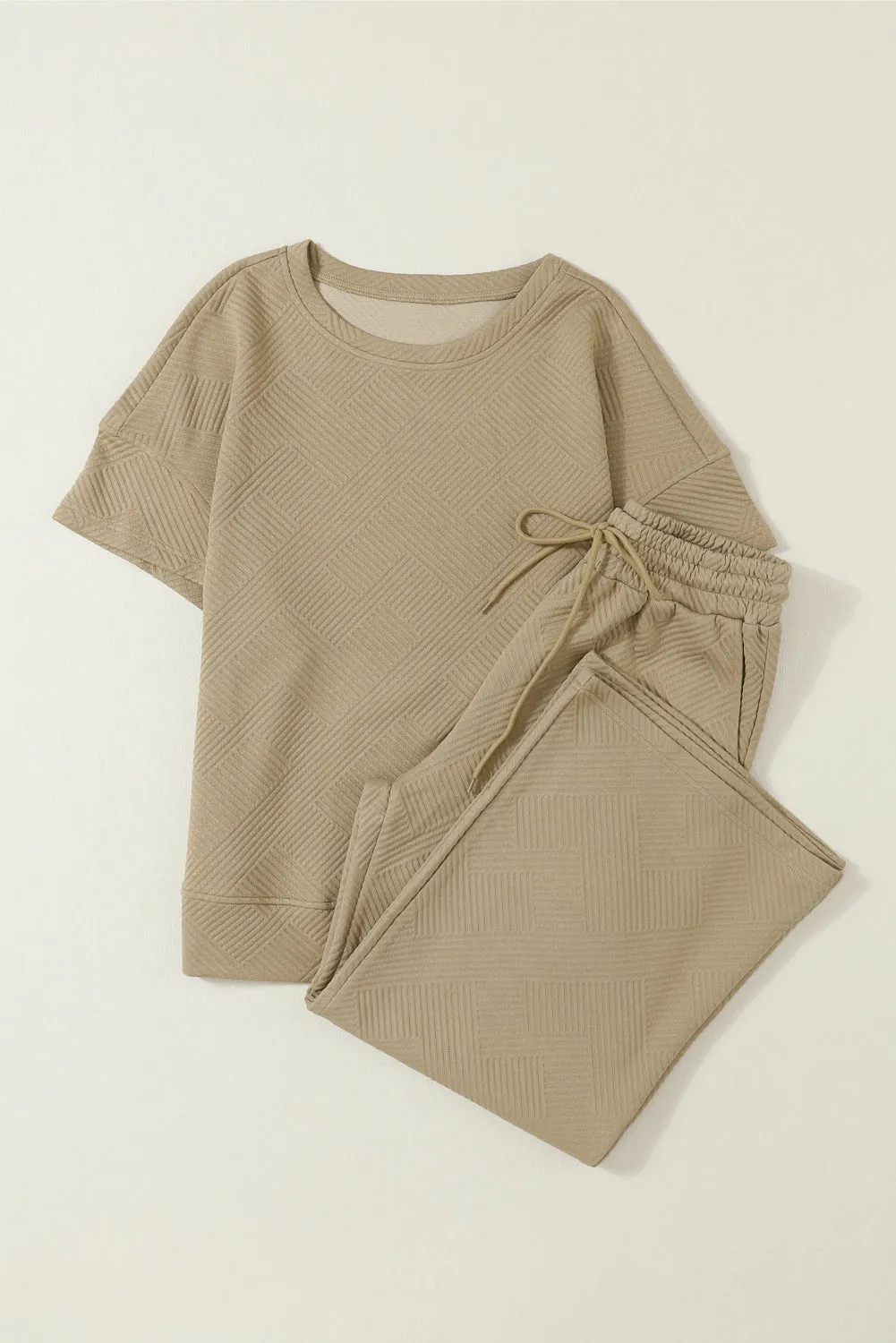 Khaki Textured Loose Fit T Shirt and Drawstring Pants Set