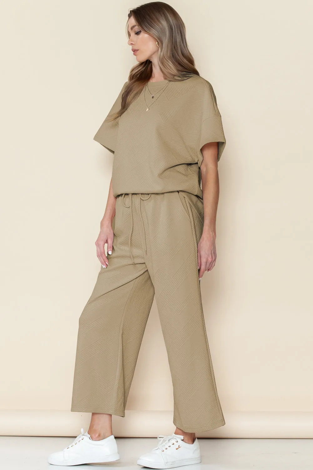 Khaki Textured Loose Fit T Shirt and Drawstring Pants Set