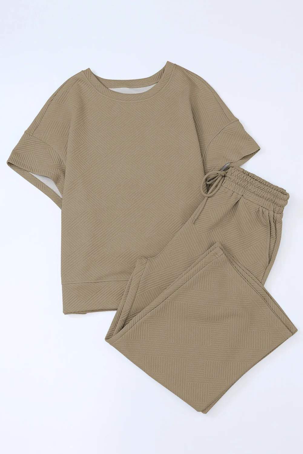 Khaki Textured Loose Fit T Shirt and Drawstring Pants Set