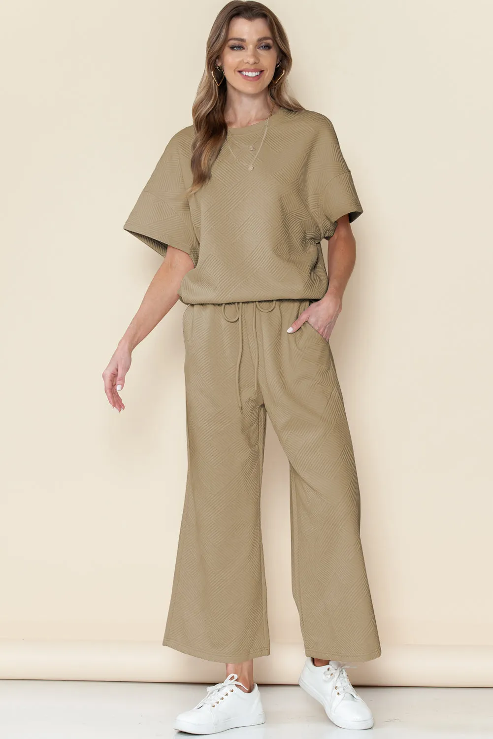 Khaki Textured Loose Fit T Shirt and Drawstring Pants Set