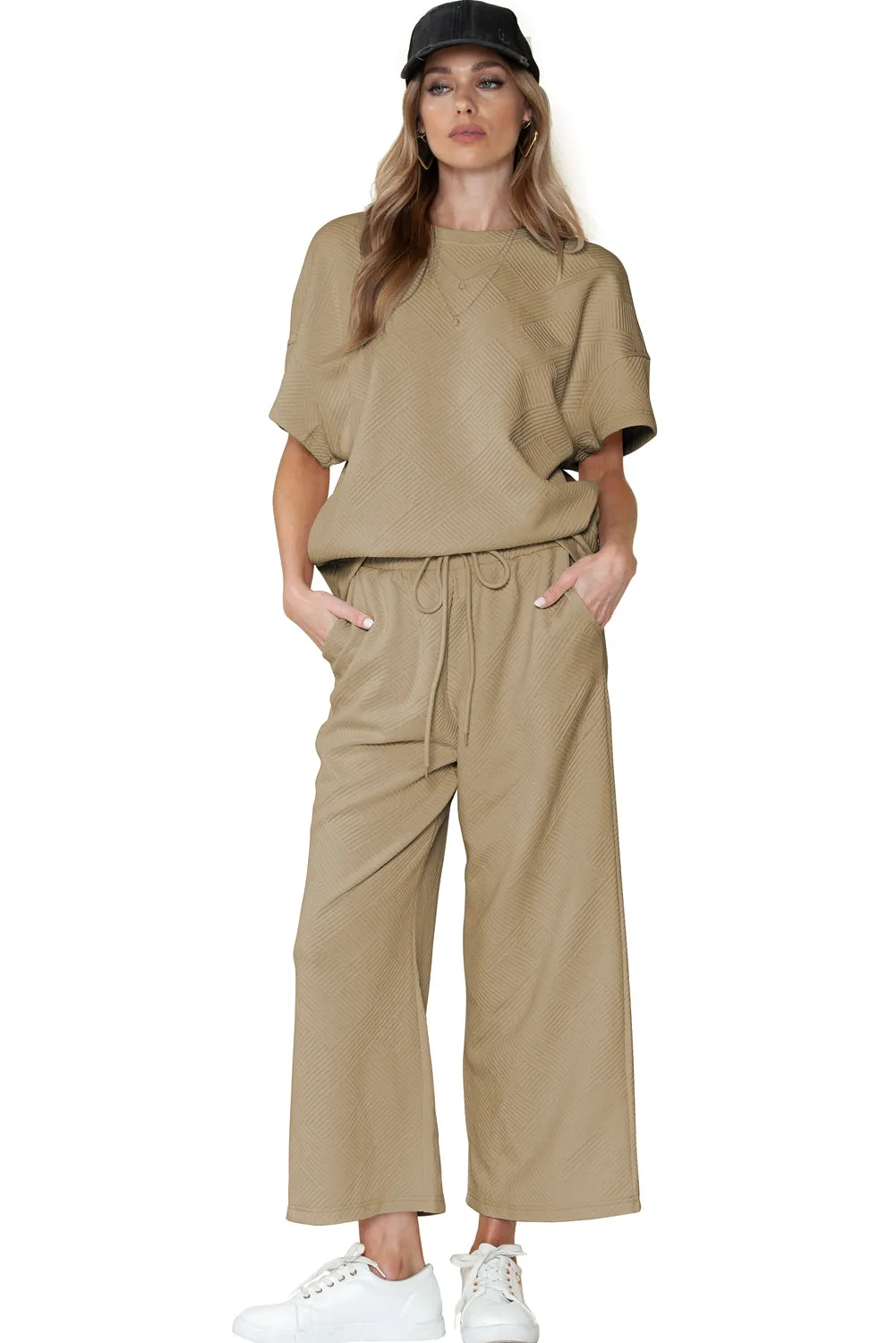 Khaki Textured Loose Fit T Shirt and Drawstring Pants Set