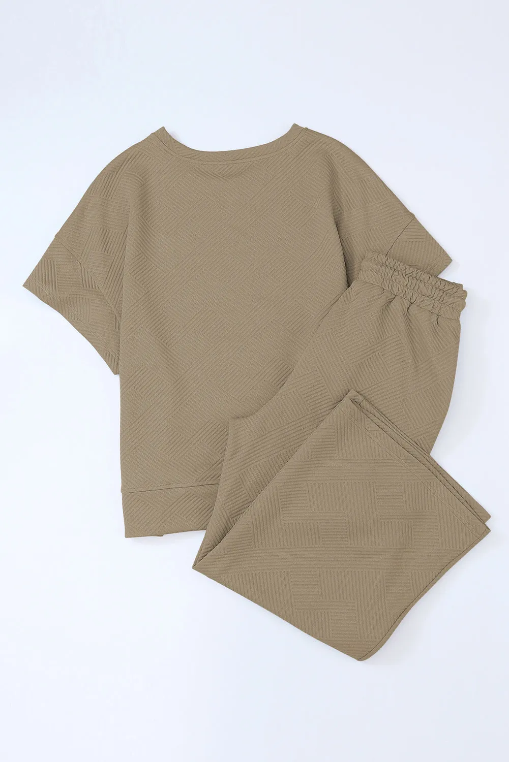 Khaki Textured Loose Fit T Shirt and Drawstring Pants Set