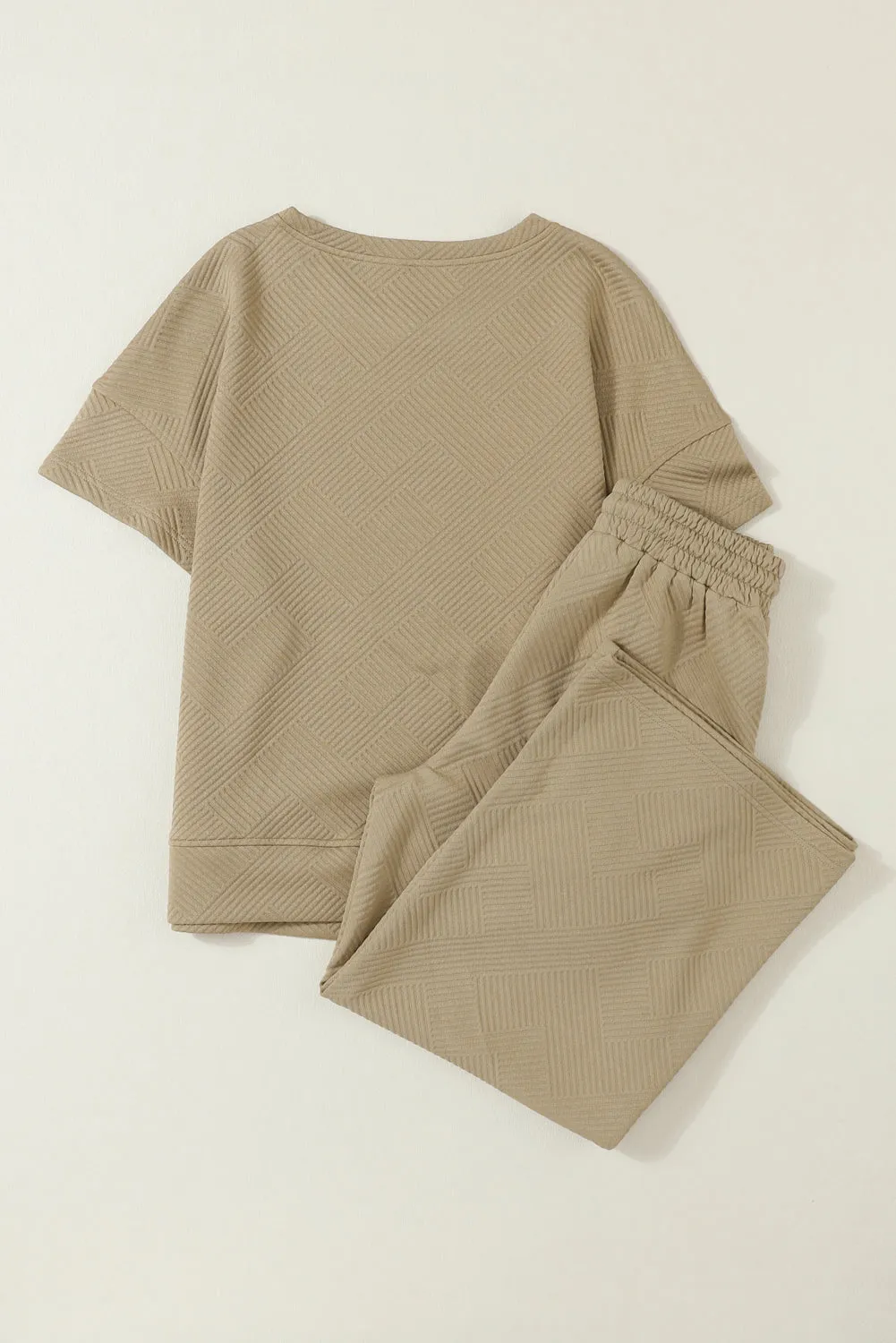 Khaki Textured Loose Fit T Shirt and Drawstring Pants Set