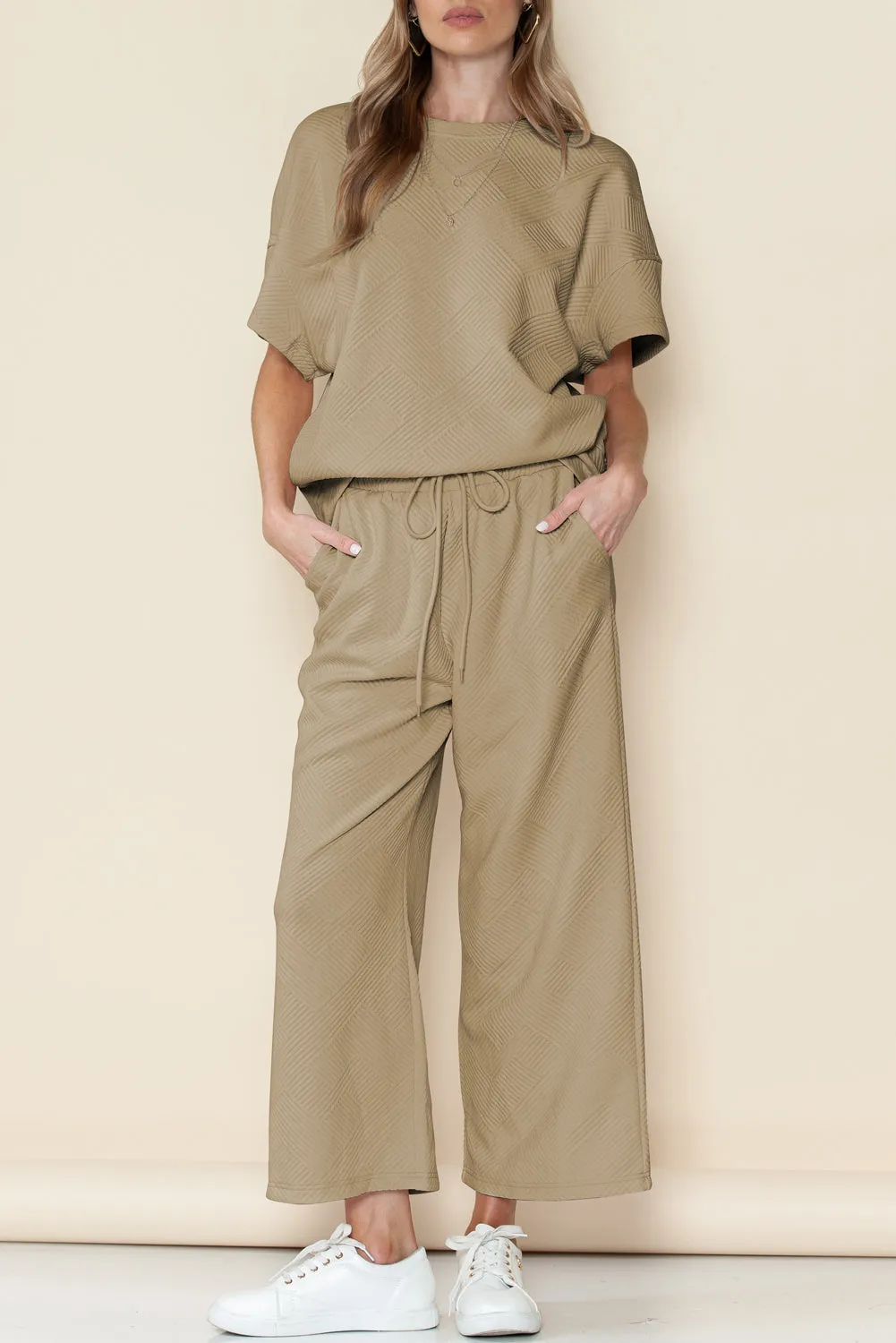 Khaki Textured Loose Fit T Shirt and Drawstring Pants Set