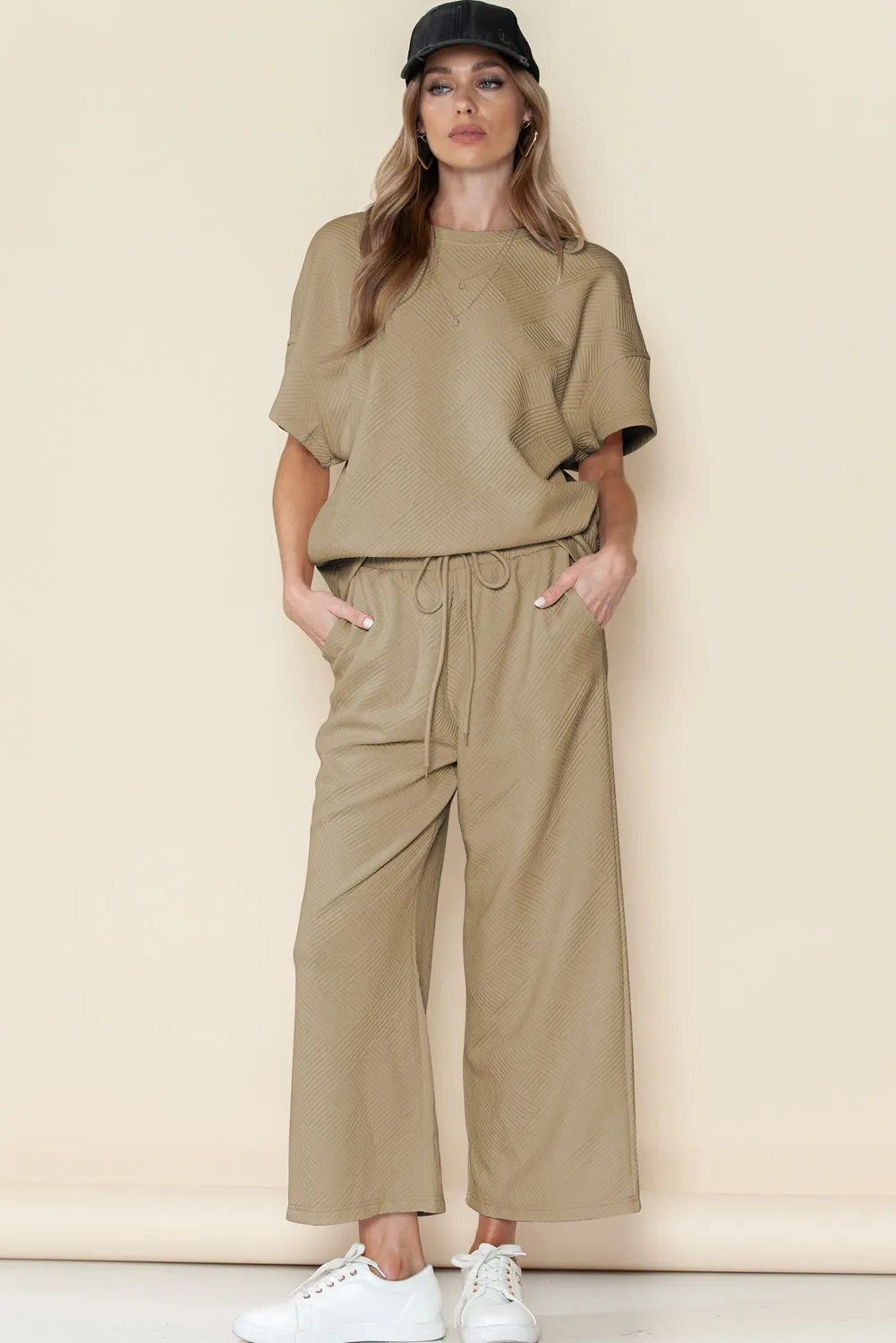 Khaki Textured Loose Fit T Shirt and Drawstring Pants Set