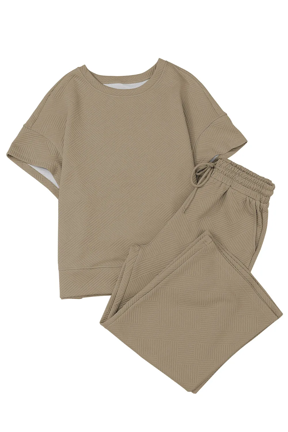 Khaki Textured Loose Fit T Shirt and Drawstring Pants Set