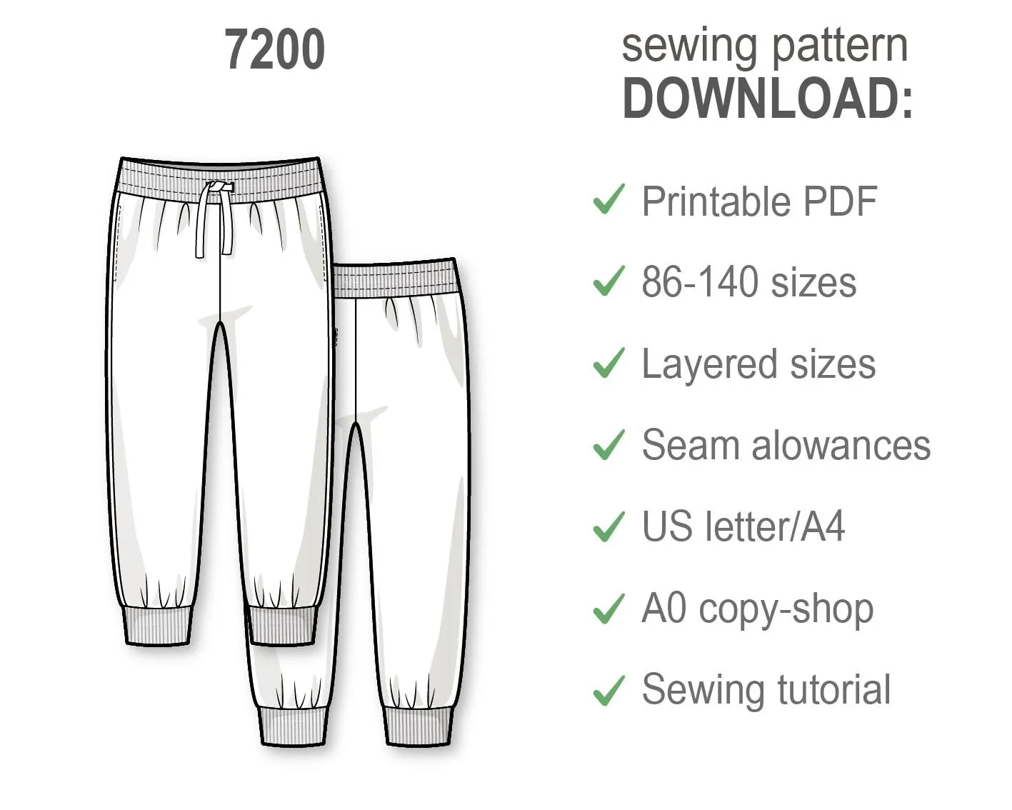 Kids Jogger Pants PDF Sewing Pattern, Cuffed Sweatpants with Drawstring, Simple DIY Pants for Girls and Toddlers