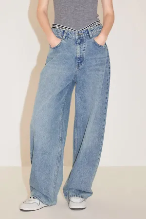 Light Blue V-Shape Patchwork High Waist Straight Fit Jeans