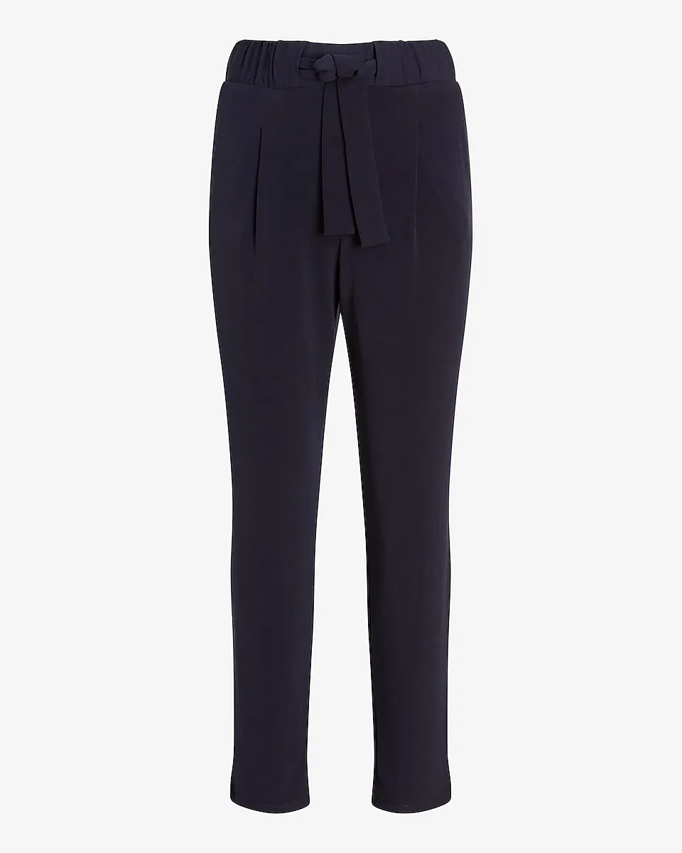 Mid Rise Sash Tie Paperbag Ankle Pant in Navy Blue