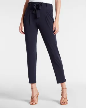 Mid Rise Sash Tie Paperbag Ankle Pant in Navy Blue