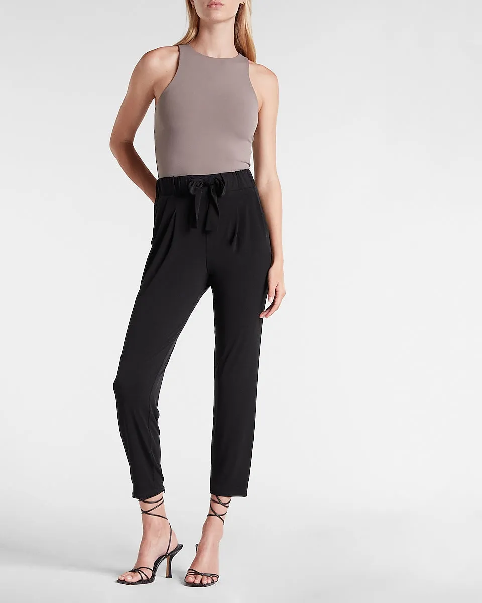 Mid Rise Sash Tie Paperbag Ankle Pant in Pitch Black