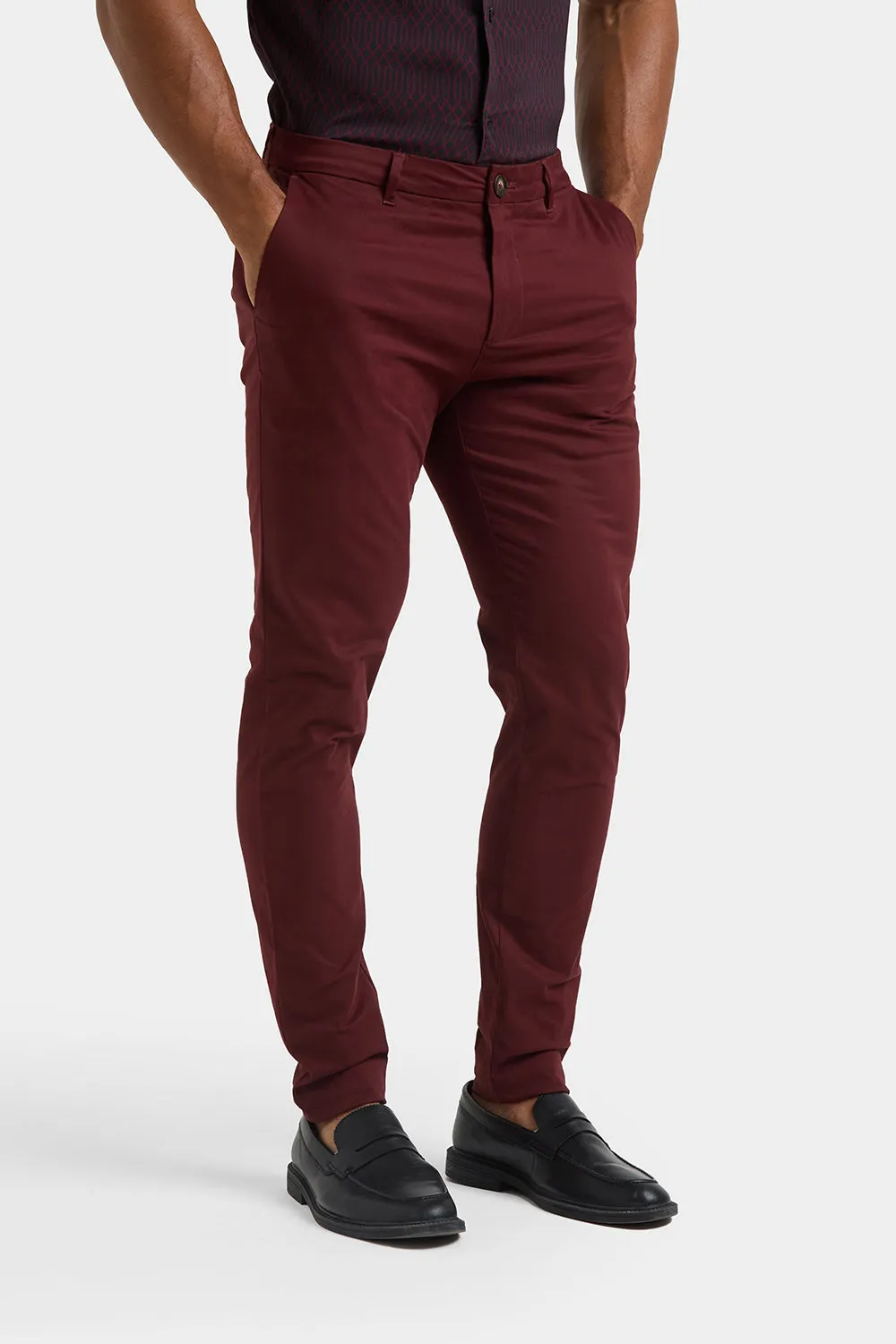 Muscle Fit Cotton Stretch Chino Trouser in Deep Burgundy