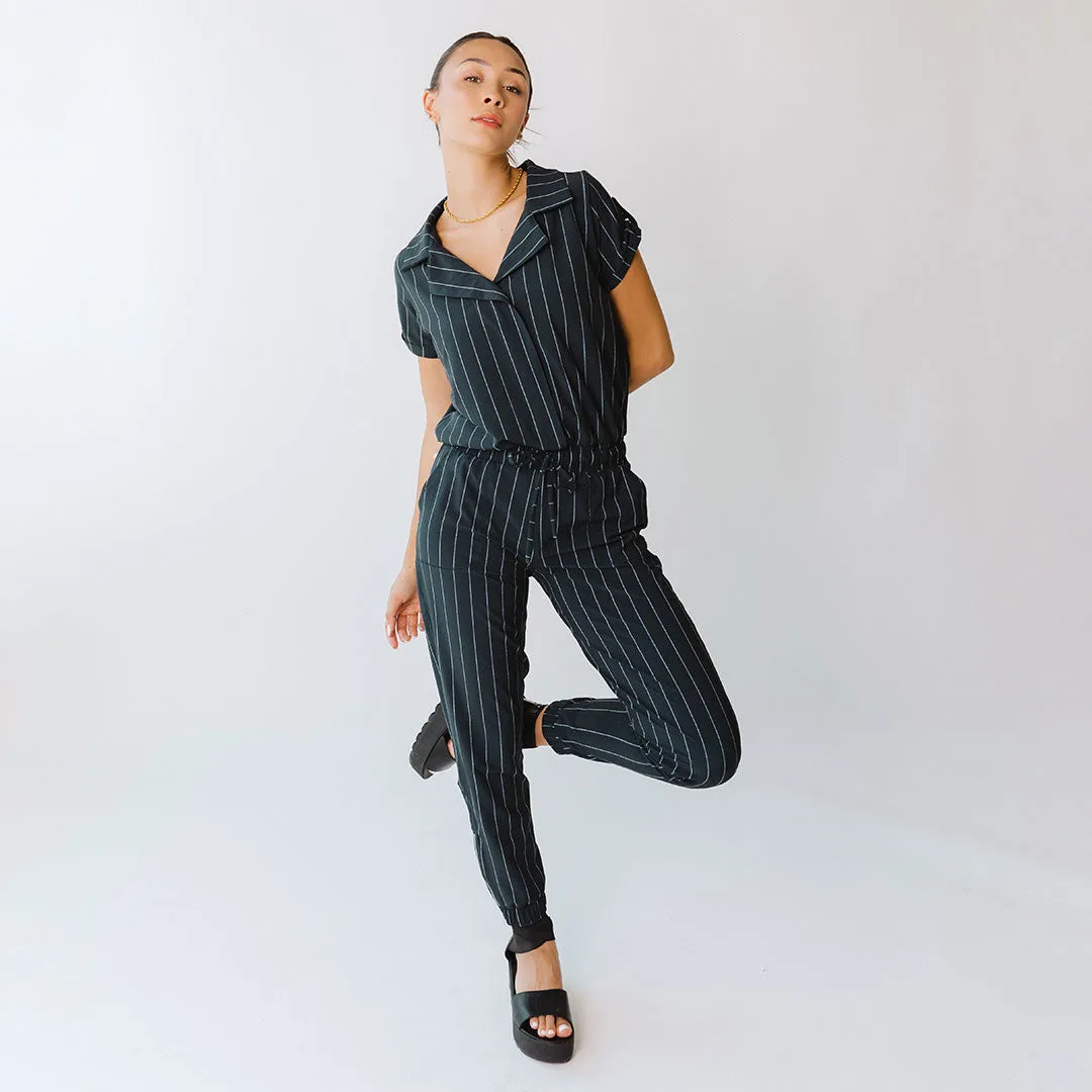 Navy Pinstripe Collar Jumpsuit