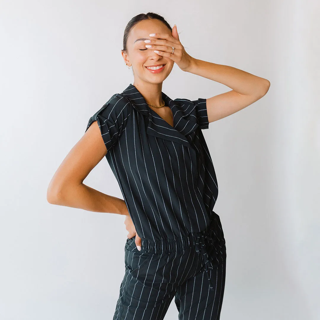 Navy Pinstripe Collar Jumpsuit