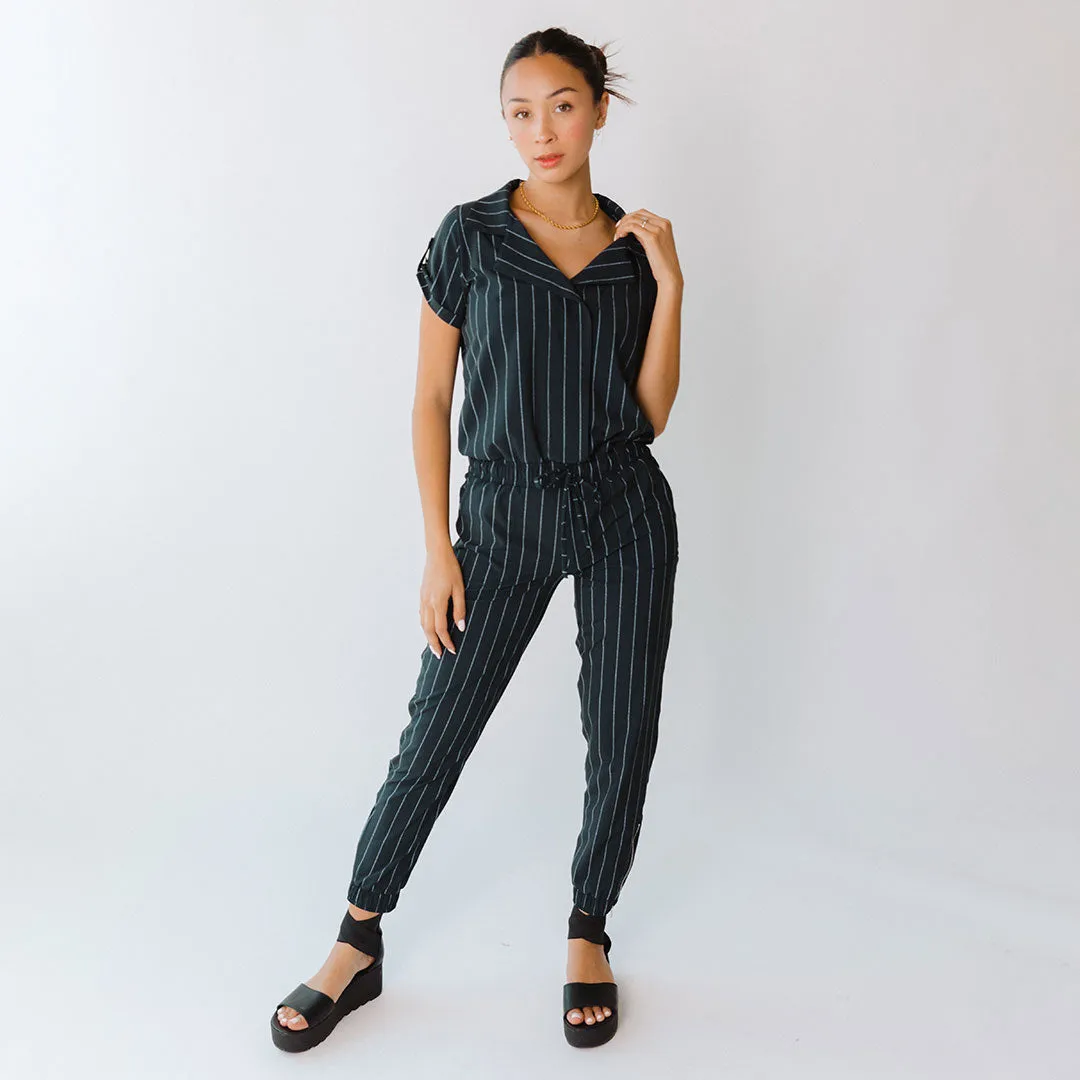 Navy Pinstripe Collar Jumpsuit