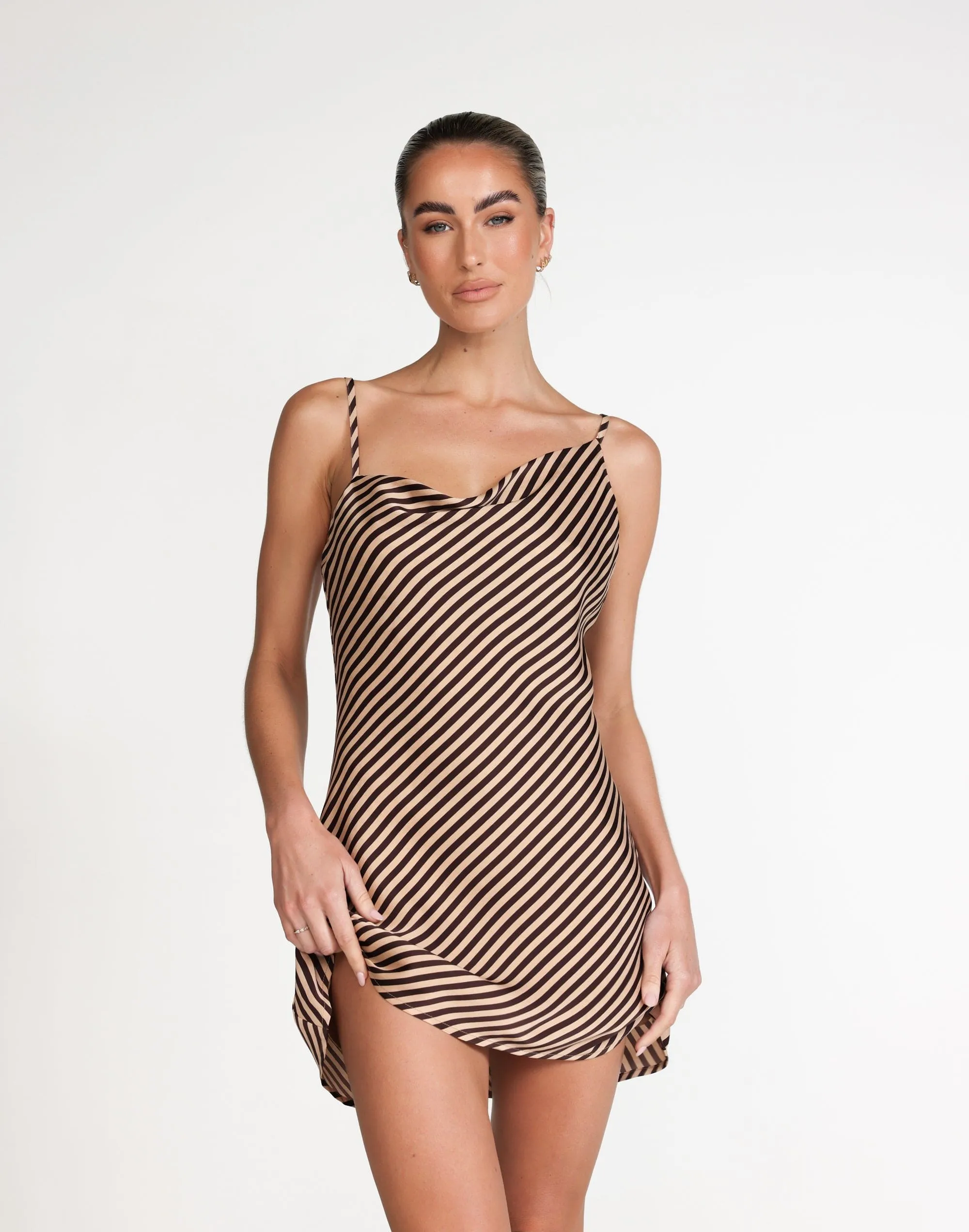 Nigella Mini Dress (Caramel Pinstripe)